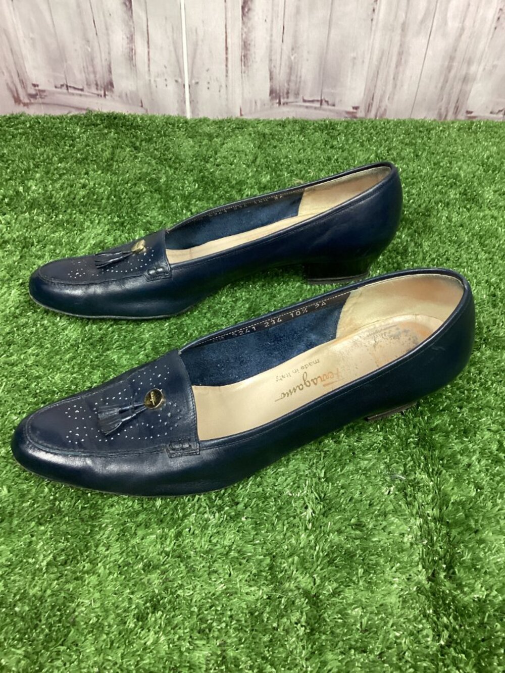 Salvatore Ferragamo Loafers Blue Leather Block Heel 10.5 2A - Picture 5 of 14